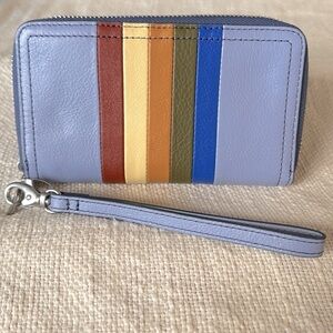 Fossil RFID Purple with Stripes Leather zip around wallet with strap